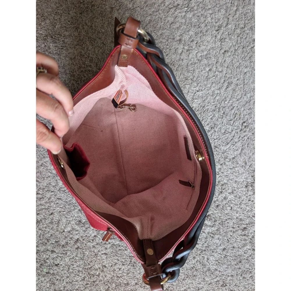 Dooney & Bourke, Red Pebbled Leather Hobo Bag, Slouchy, Brown Braided Strap
